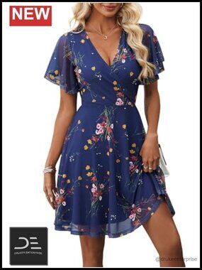 Floral Wrap V Neck Stretchy Mesh Dress Casual Wedding Guest